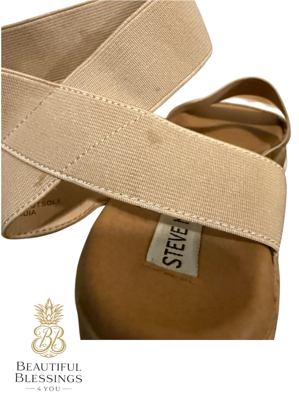 Steve Madden platform Sandals Women 8.5 Beige Elastic Strap Cork Wedge Comfort - Picture 11 of 11